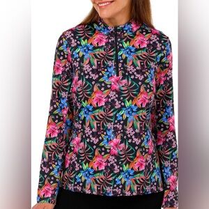 X By Gottex Active Long Sleeve Quarter Zip Mock Top Shirt Tropical Florals small